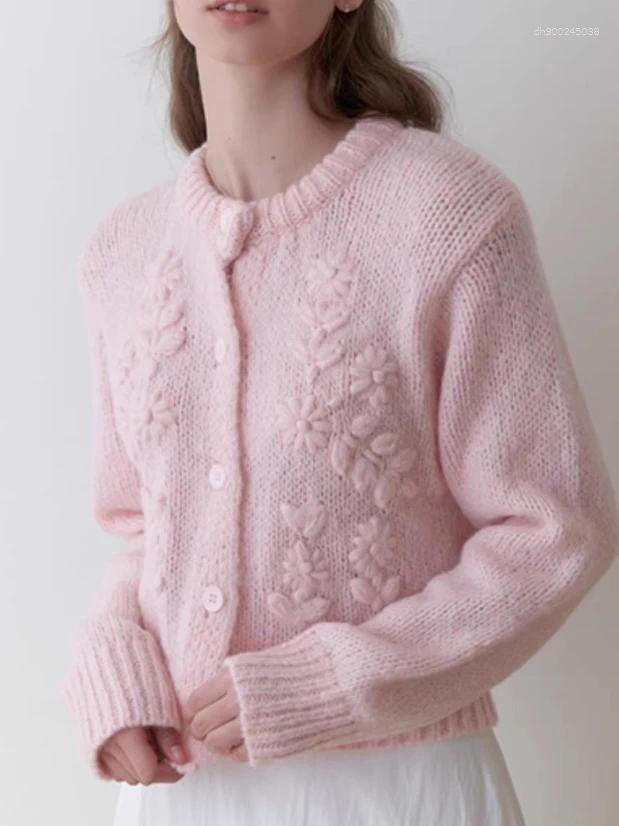 Women's Wool Korean Sle High-End Sweater Jaet Sweet 3D Flower Round Ne Knitted Open Cardigan Top For Autumn Season