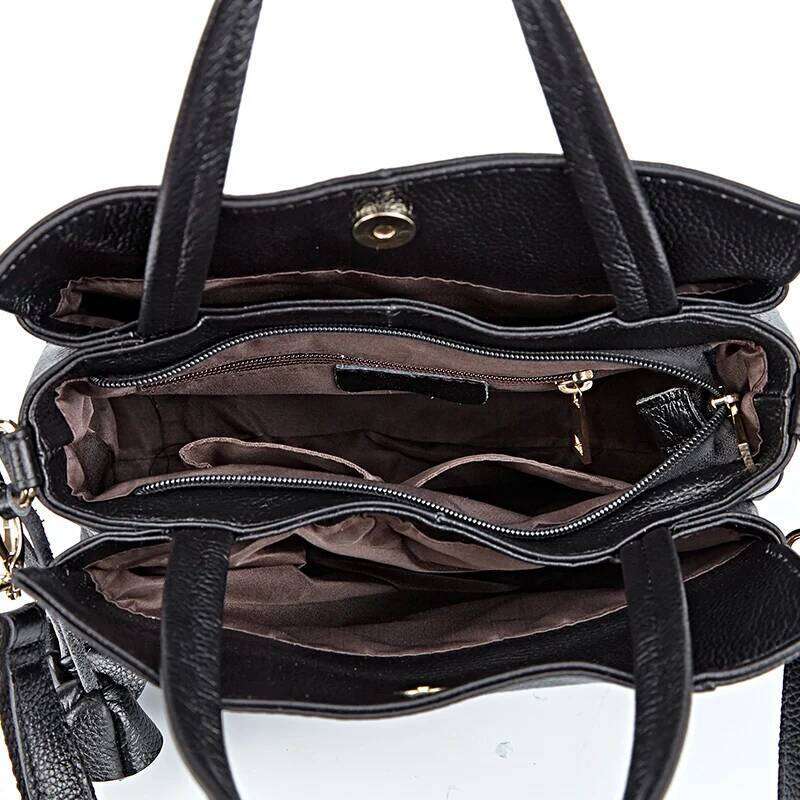Cowhide women's handbag casual versatile black daily commuting single shoulder crossbody tote bag