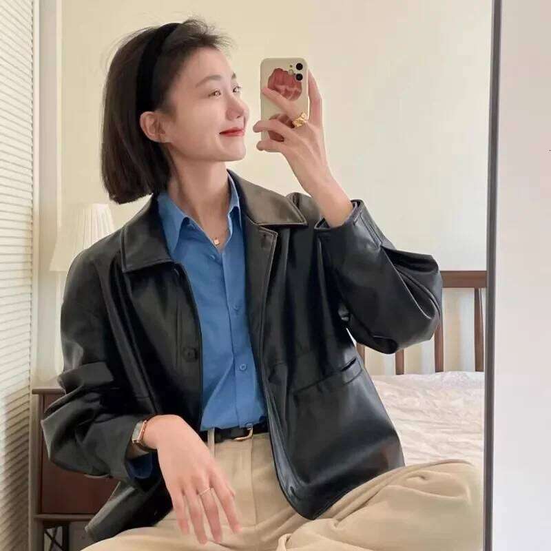 New Spring And Autumn Thin Japanese Style Vintage Lapel Single-Breasted Leather For Women Trendy Long Sleeve Jacket