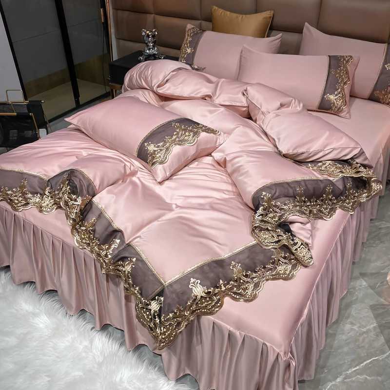 Luxury Bedding Set 3Pcs Duvet Cover Set King Size Bed Skirt Lace Double Side Washed Silk Design Reactive Printing Sleep Coolly C250912