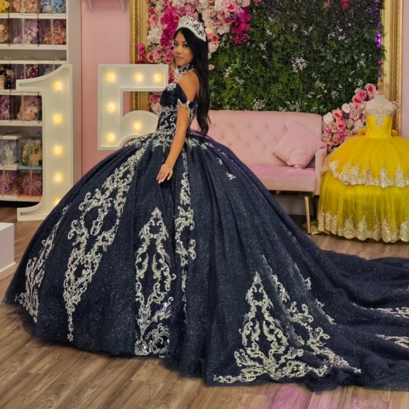 Navy Blue Shiny Ball Gown Quinceanera Dresses Off The Shoulder Applique Lace Beads Corset Tull Party Birthday Sweet 16 Dress Vestidos 15 De Anos