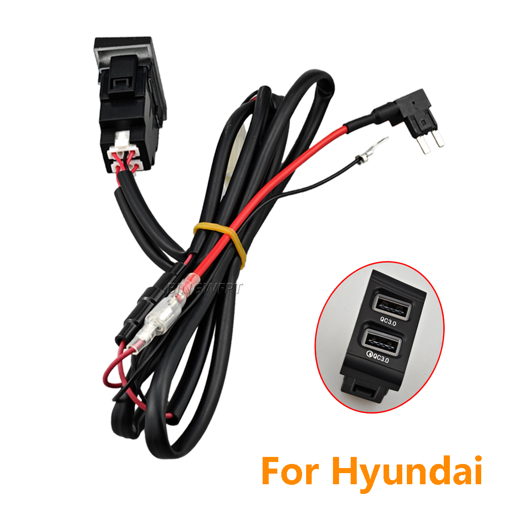 Black LED Car Charger With Dual QC3.0 USB Socket Charging Power Adapter Button For Modern Elantra