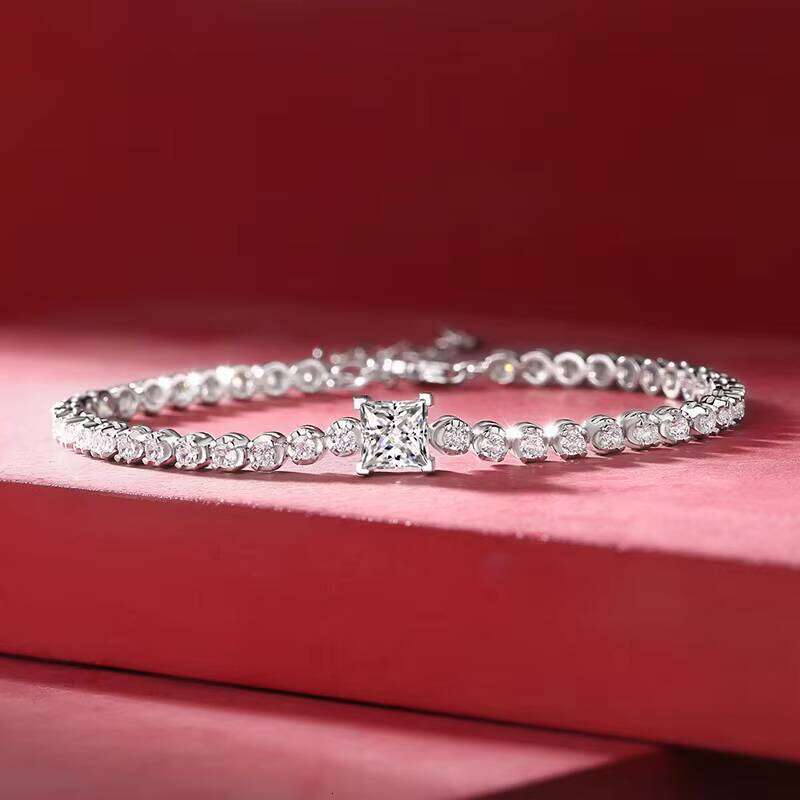 Sterling Gold Plated Chain 1ct Baguette Square Dia Moissanite Sier Link Classic Bracelet