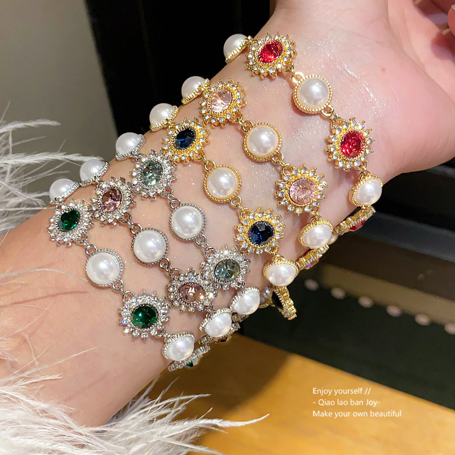 Gold - Toned Bracelet With Pink Gemstone Sunbursts And Pearl Accents Delicate Daily & Elegant Jewelry Gift For Her Vintage - Inspired And Sparkly Acce