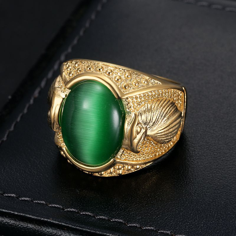 Hip Hop Retro Opal Stones Casting Eagle Ring Stainless Steel Finger Solitaire Ring Jewelry