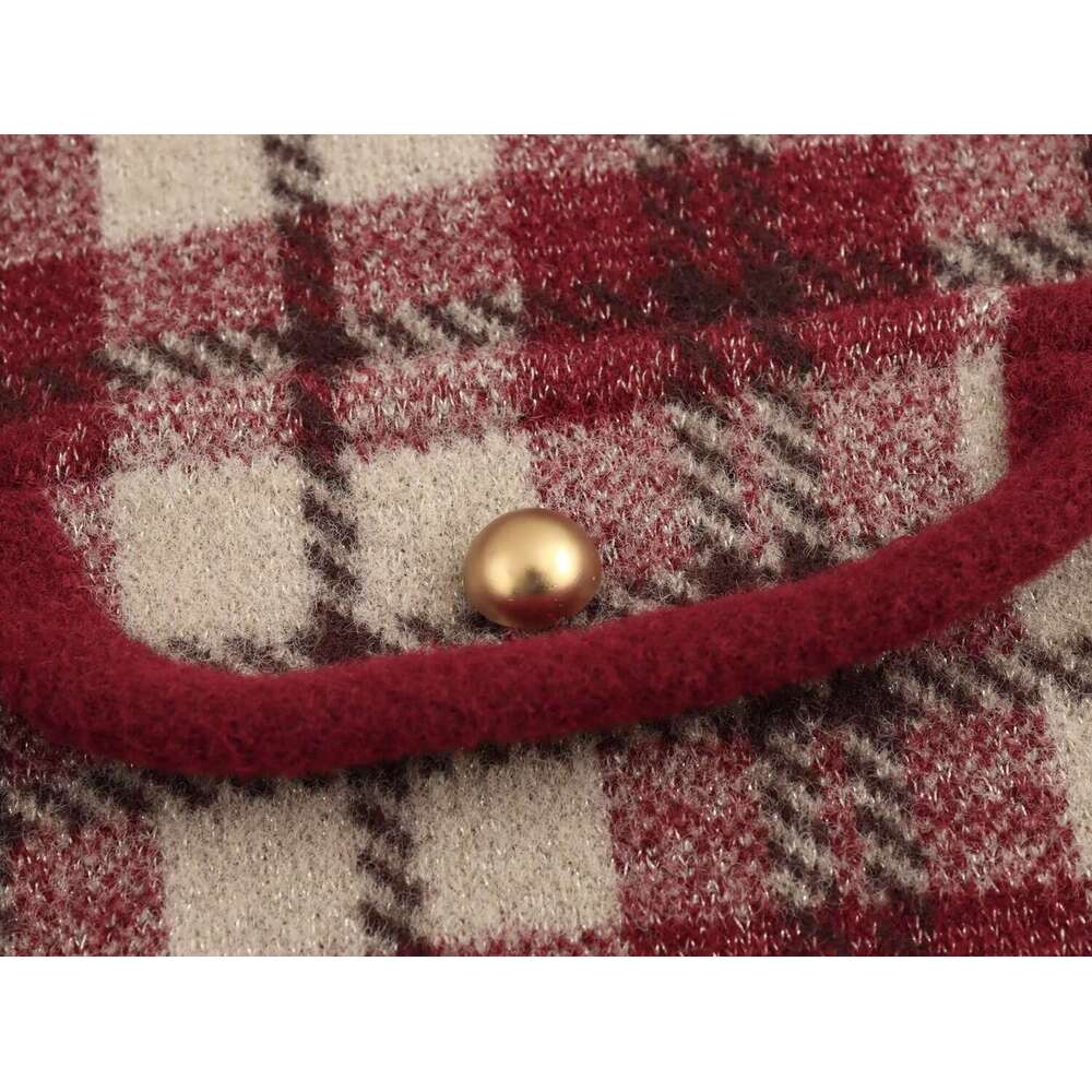 DHEssentials 2025 Autumn Winter New French Style Chanel-Inspired Gold Thread Blend Khaki Plaid Trim Round Neck Sweater Knitted Cardigan