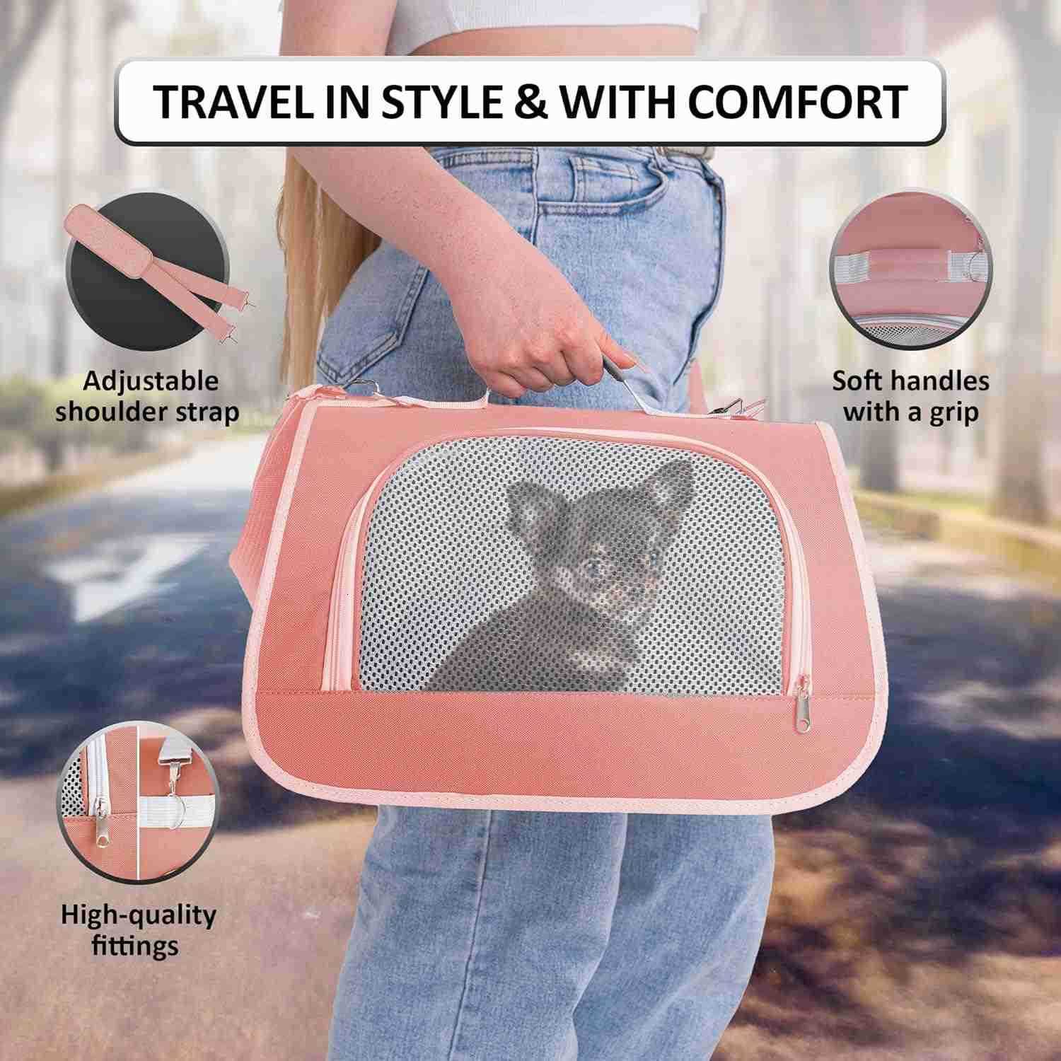 Small Pet Carrier for Cats or Small Dogs Dog Carrier Bag Folding Small Dog Carriers Travel Waterproof Pet Carrier Airline Approved Up to 10 lbs PinkW2