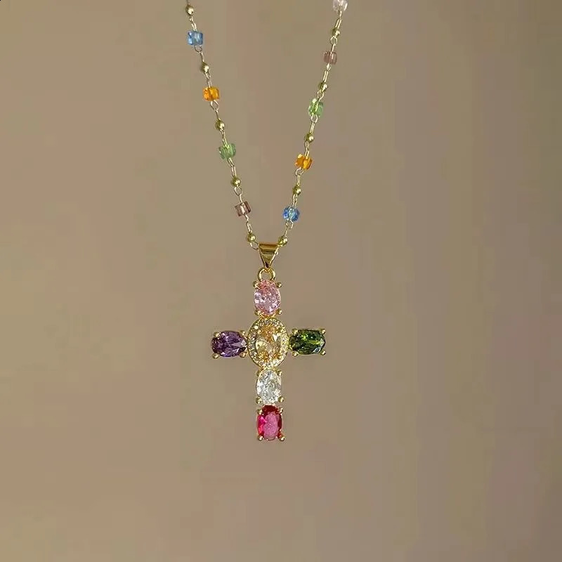 Fashion Colorful Zircon Cross Pendant Necklace For Women Stainless Steel Silver Color Charm Religious Necklaces Jewelry 250911