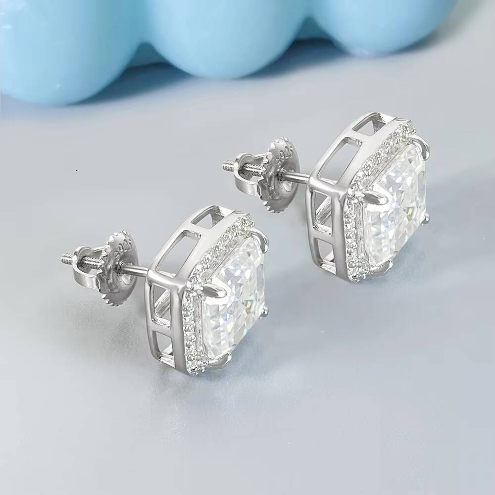 FOXI 925 Sterling Silver Earring square Asscher Cut Moissanite Diamond Halo Earrings Screw Back Post Stud Earrings for Men Women