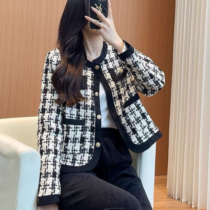 DHEssentials 2024 Autumn Winter New Korean Casual Elegant Socialite Goddess Style Houndstooth Short Jacket for Women