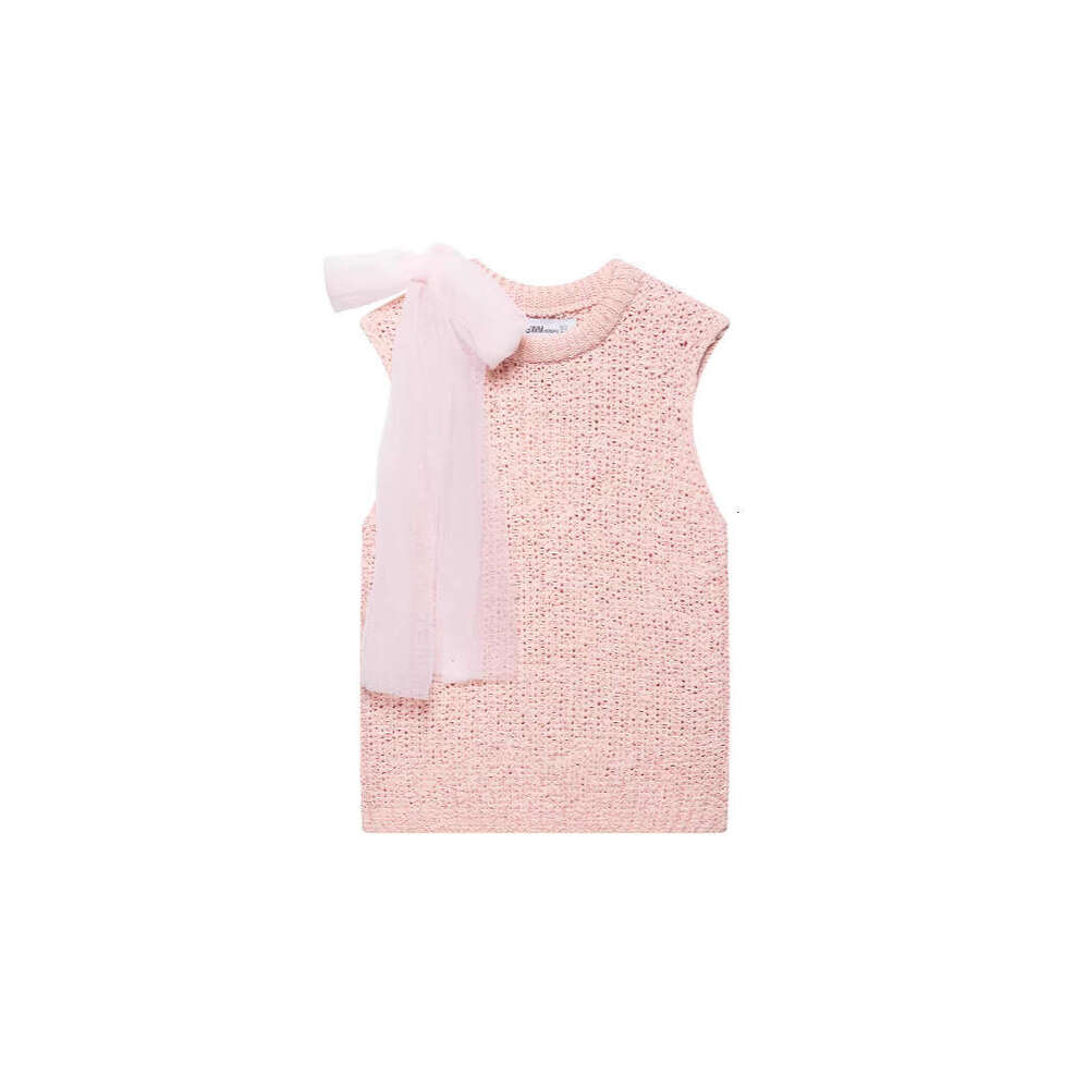 DHEssentials Summer New Fashion Sweet Little Chanel Style Transparent Hard Tulle Bow Decorated Knitted Top