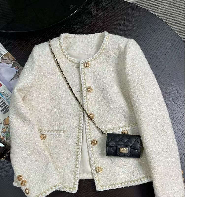 DHEssentials 2024 Spring and Autumn New Korean Off-White French Short Chanel Style Elegant Socialite Tweed Jacket for Women