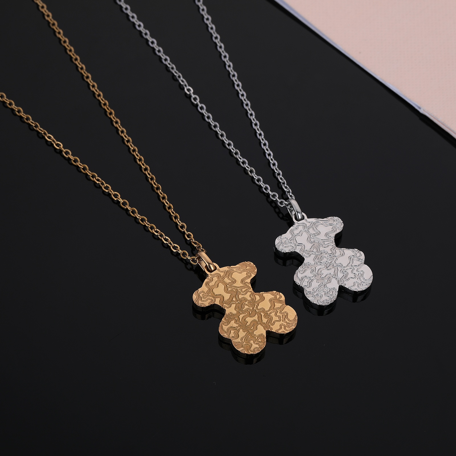 New Fashion Women Silver Rose Gold Stainless Steel Bear Pink Color Drop Oil Cartoon Animal Pendant Necklace Jewelry