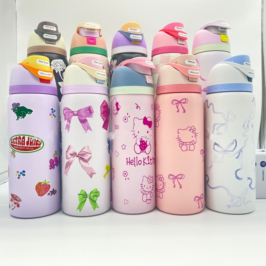 DHL Owala Water Bottles Cat Design Cup Vacuum Flasks Thermoses Drinkware Tumbler Stainless Steel Thermal Travel Mugs Sports Cold Coffee 24oz 32oz Cup 0628