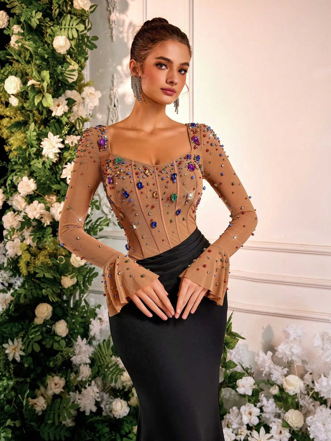 Fashion Jewelry Mermaid Evening Dresses Long Sleeves Square Neck Prom Party Dresses Vestidos De Gala Customized