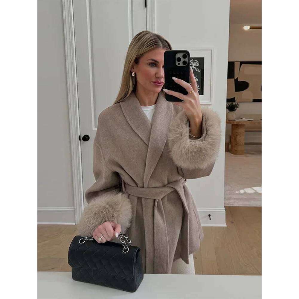 Elegant Lace Up Woolen Short Coat Solid Loose Lapel Furry Belt Long Sleeve Female Jacket 2025 Autumn Winter Lady Chic Cardigan
