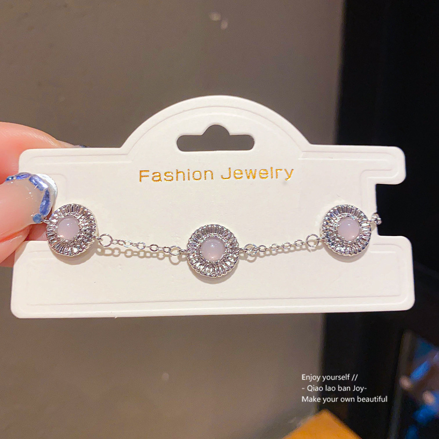 Silver - Toned Bracelet With Pink Gemstone And Rhinestone Circle Accents Delicate Daily & Charming Jewelry Gift For Her Elegant And Dainty Accessory