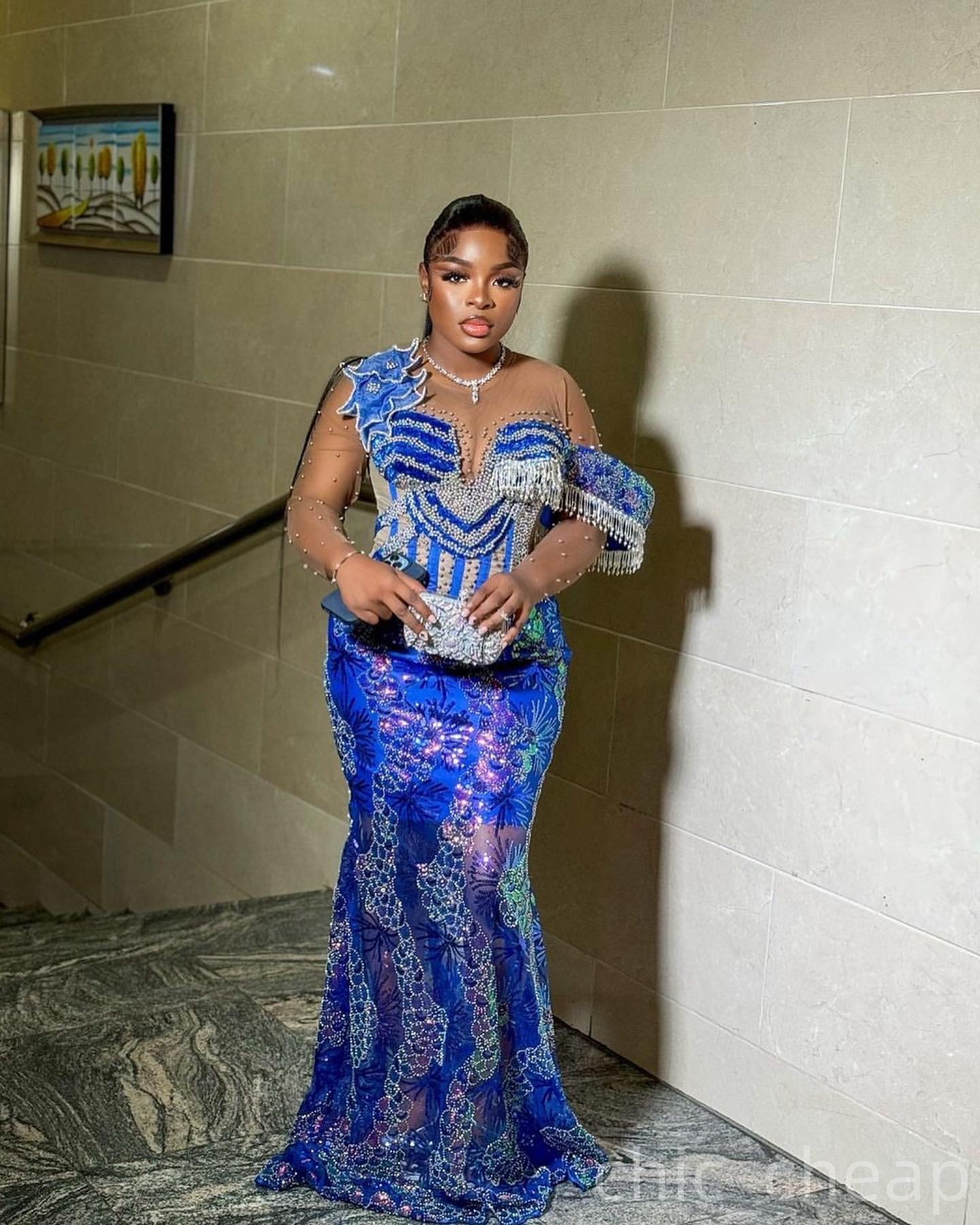 Aso Ebi Royal Blue Mermaid Prom Dresses 2025 Beaded Sequied Tassels Evening Formal Party Second Birthday Engagement Gowns Plus Size Dress For Special 