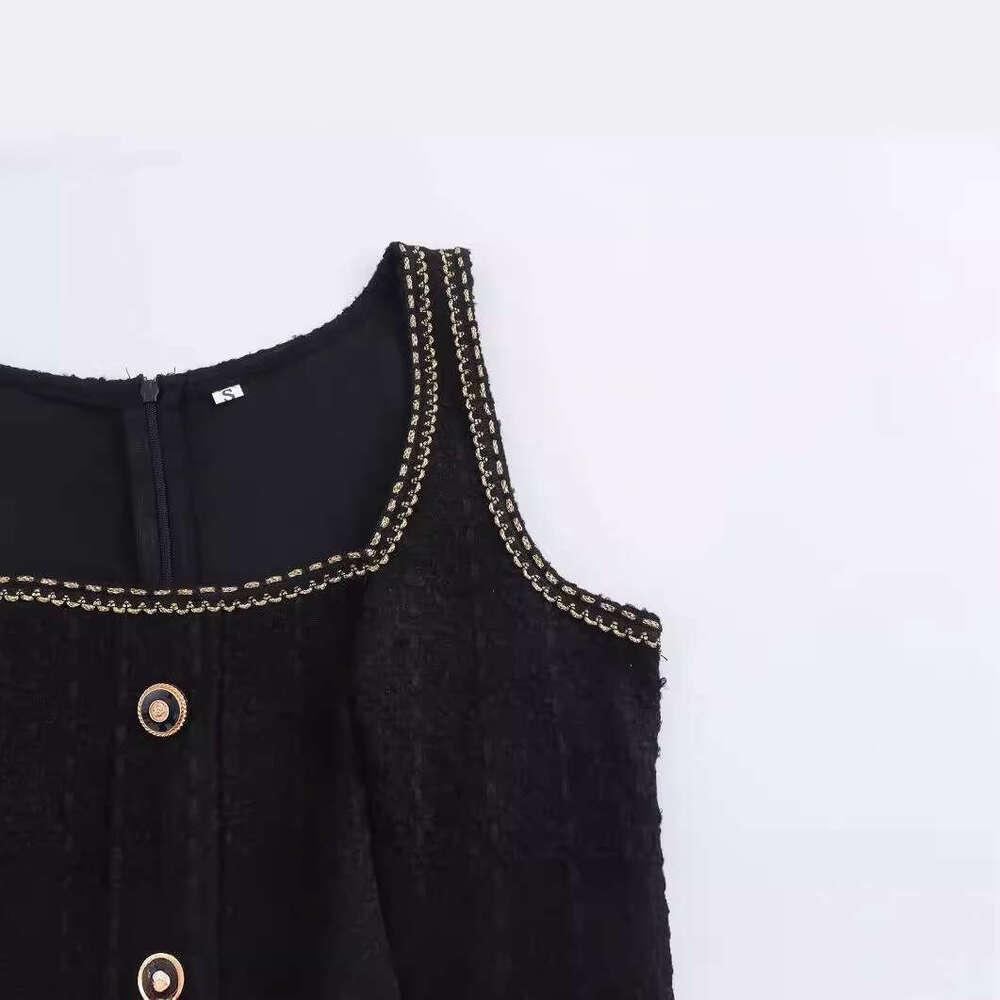 DHEssentials New Summer Fashion Small Fragrance Style Low Neck Sleeveless Single-Breasted Black Dress for Women