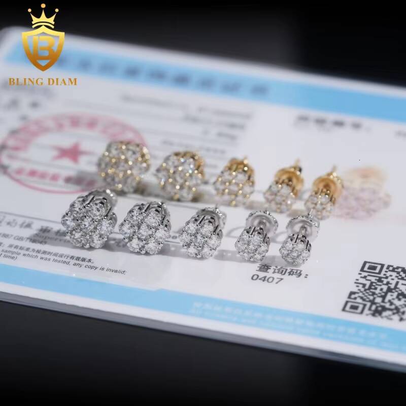 New Style 6105mm Flower Cluster Moissanite Earrings 925 Sterling Silver Moissanite Lab Diamond Screw Back Earrings