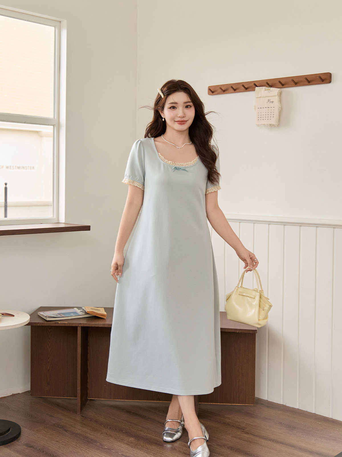 X25030 White Moonlight Temperament Korean Style Simple Bowknot Contrast Color Lace Dress Women