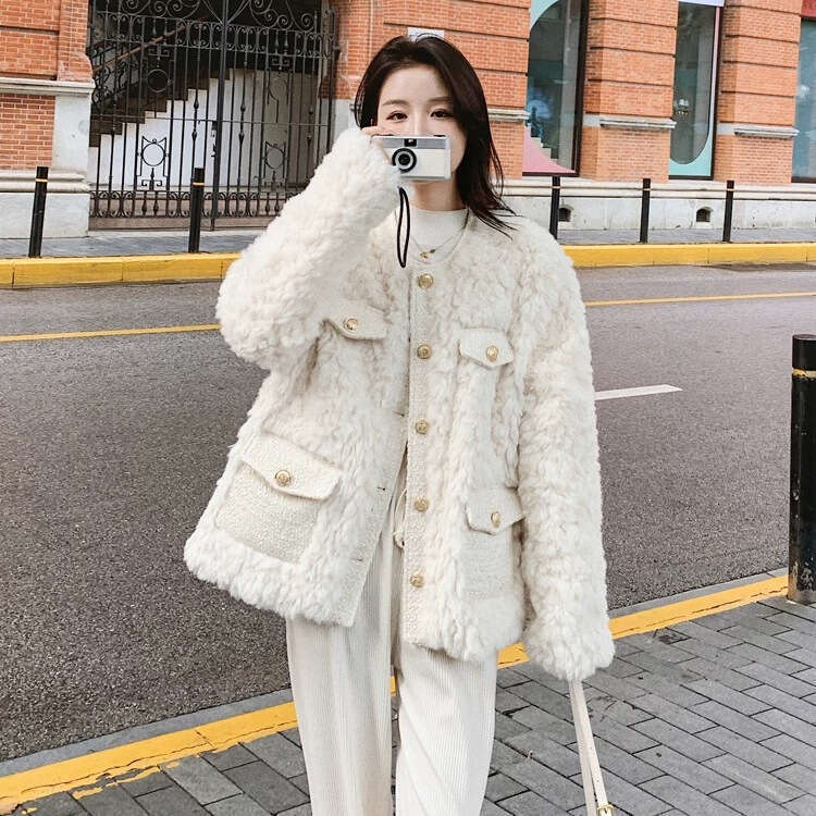 DHEssentials Chanel Furry Coat for Women, High-End Feel, 2024 Spring Lamb Wool Design, Elegant Cotton Jacket, Autumn Korean Style Top