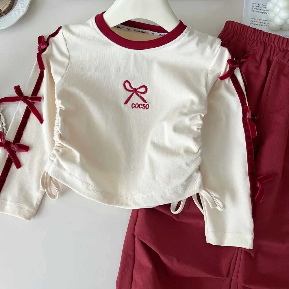 Autumn Fashion New Girls Clothes Red Bow Decoration Letter Embroidery Long Sleeved TopWork Pants 2Pcs Set Childrens Clothing C250912