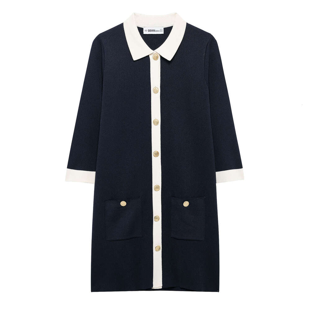 DHEssentials 2025 Summer New Style Little Chanel Black and White Contrast Gold Button Turn-Down Collar Short Sleeve Dress 1822101