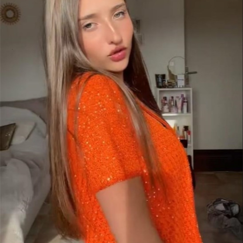Orange Bright Silk Knitted Vest Cardigans Women Sleeveless U Neck Cropped Tank One Button Short Sleeve Cardigans Lady Sets 250911