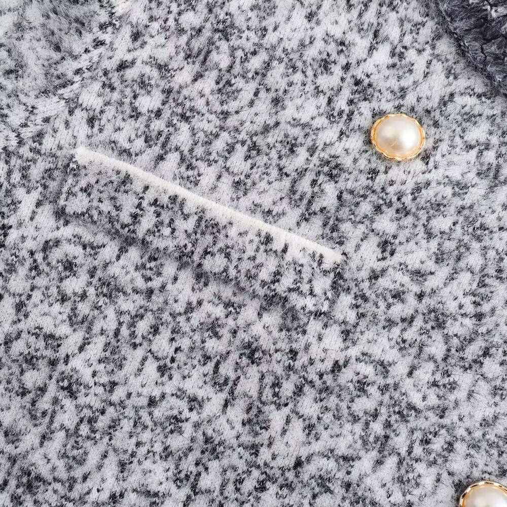 DHEssentials French Style High-End Diagonal Collar Anti-Mink Wool Gray Round Neck Knitted Cardigan