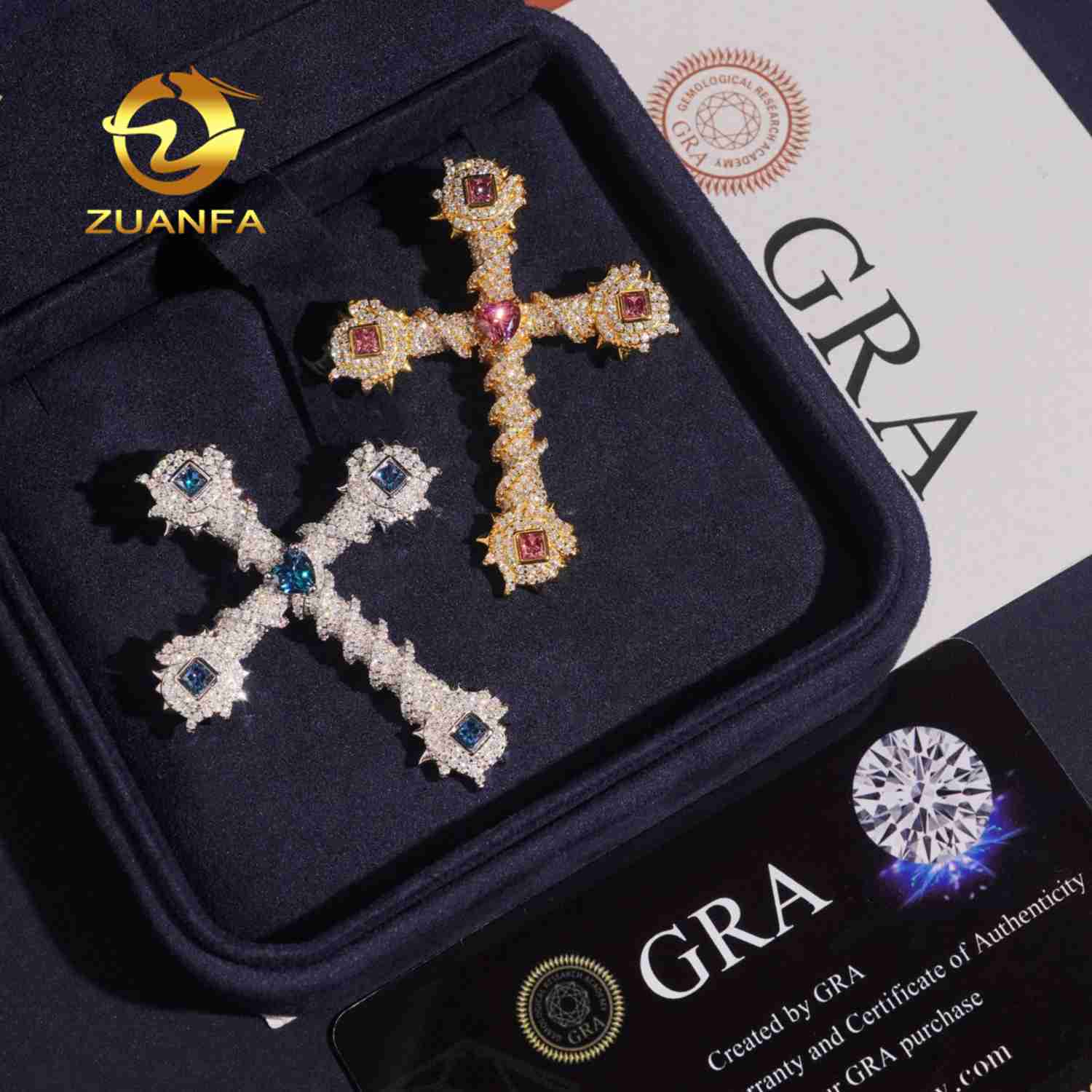 Spicky Cross Pendant Mixed Fancy Cut Sea Blue Pink Moissanite Pendants Iced Out Jewelry Custom Cross Pendant