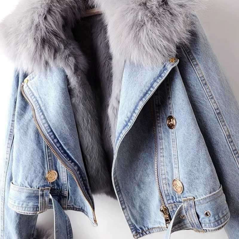 Women's Short Top Party Removable Imitation Fox Rabbit Fur Liner Denim Jacket
