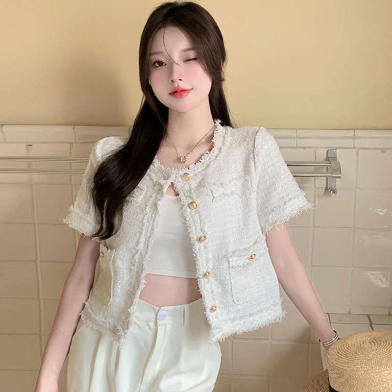 DHEssentials Elegant Chanel Style Jacket 2025 Summer New Tweed Fringe Versatile Loose Short Sleeve Top for Women