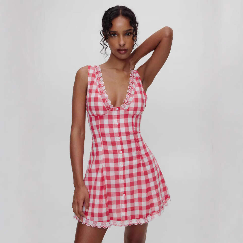 DHEssentials Summer Style Little Fragrance Hot Girl Sexy Backless Fashionable Short Plaid V-neck Halter Slim Waist Strap Dress