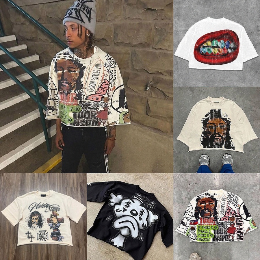 Mens T Shirts Shirts Mid Long Sleeve Mens Womens Punk Hip Hop Graffiti Style Graphic Tee Oversized Harajuku Loose Short SleevedHeBe#