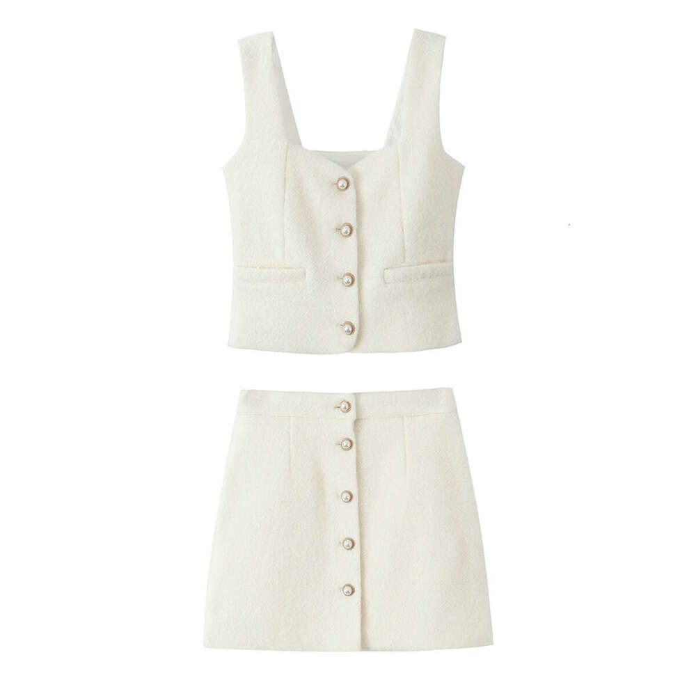DHEssentials 2025 Summer New Style Chanel-inspired Single-breasted Decorative Camisole + High-waisted Elegant Midi Skirt Set