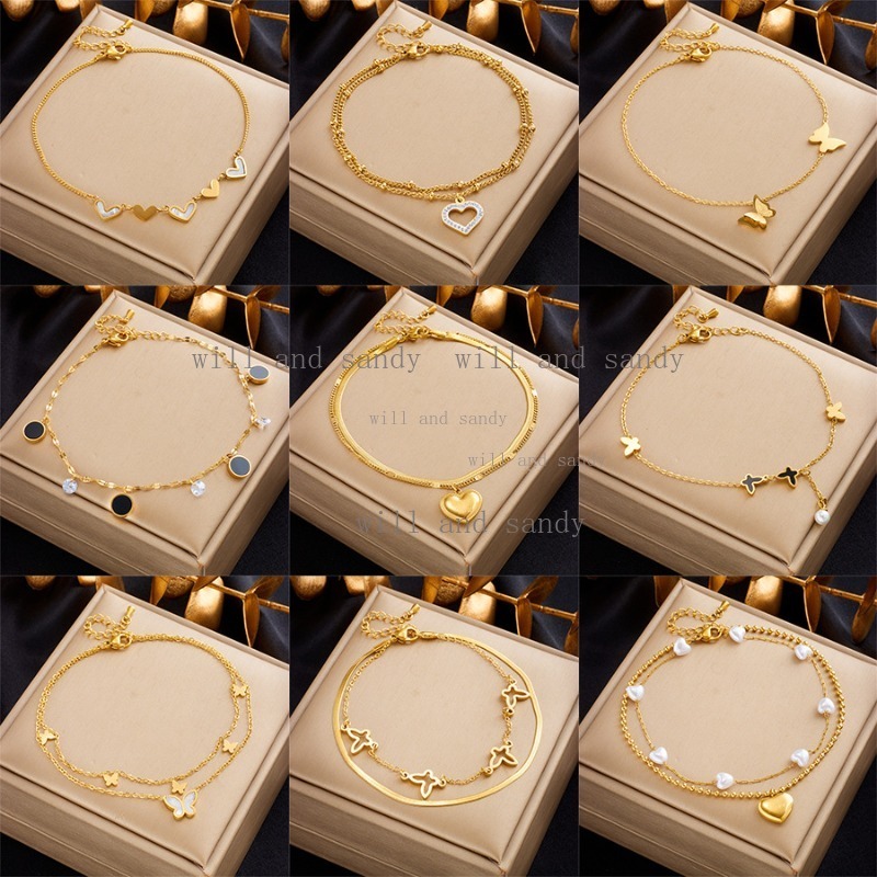 18k Gold Chain Stacking Anklet Bracelet Summer Foot Chain for Women Love Heart Butterlfy Charm Multilayer Foot Charm Anklet Chain Summer Beach Fashion