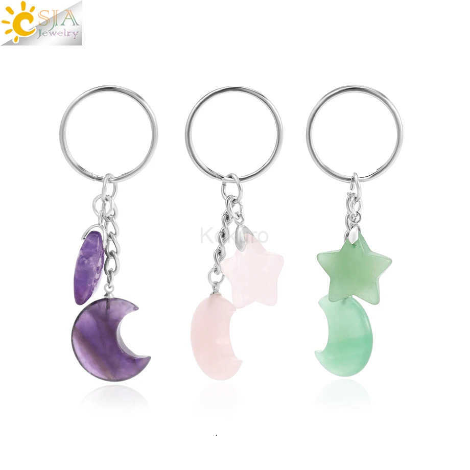 CSJA Healing Natural Stone Keychain Trendy Moon Star Charm Bead Pendant Silver Color Holder Key Ring Car Key Ring Bag Decor H368 M250912