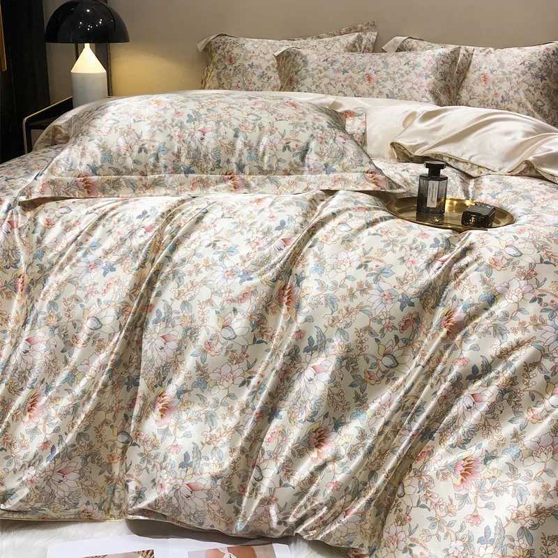 Floral Mulberry Silk Bedding Set with Duvet Cover Bed Sheet Luxury Highend Quilt Cover FittedFlat Bedsheet Double Queen Size C250912