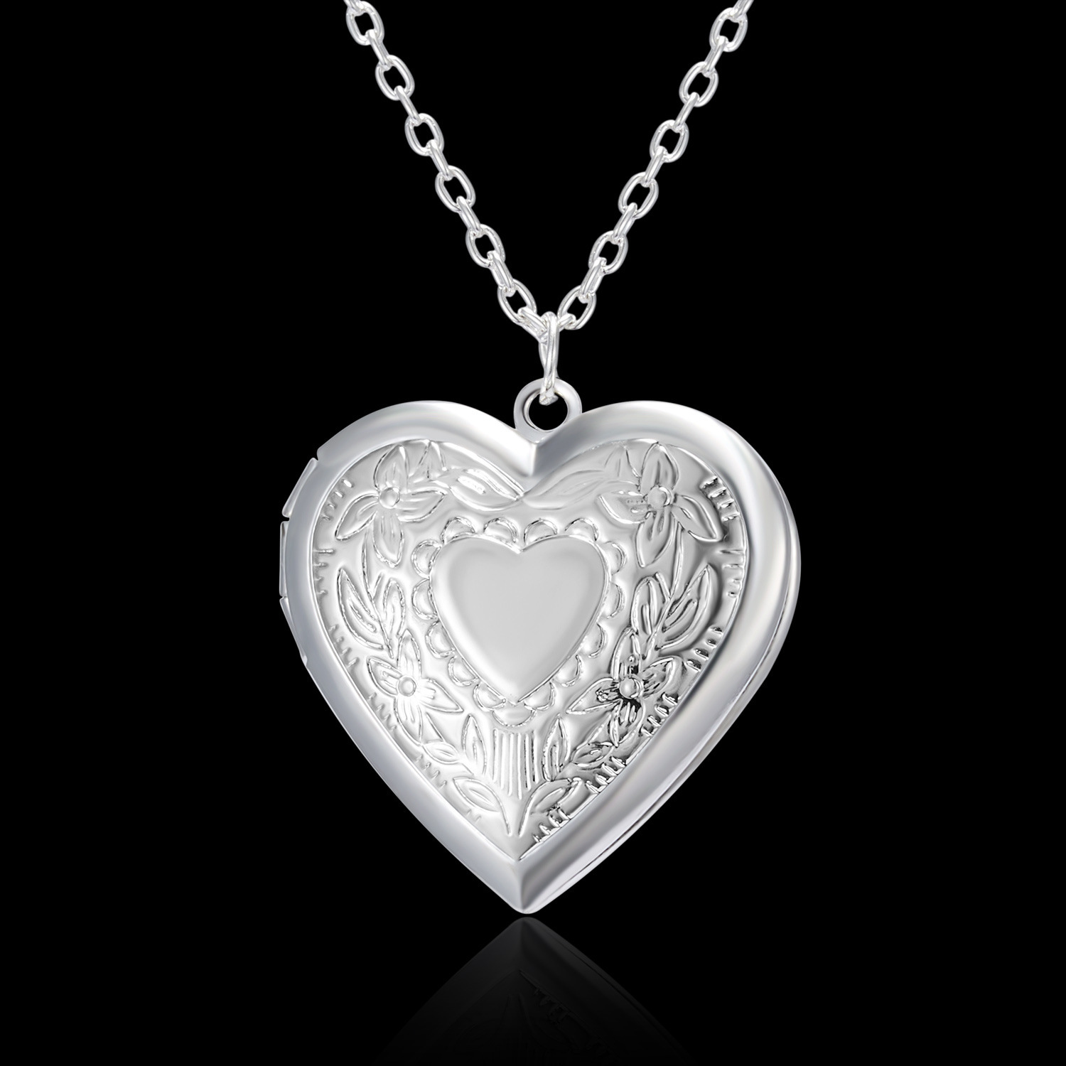 New Carved Peach Heart Openable Frame Box Photo Pendant Necklace for Women Sier Plated