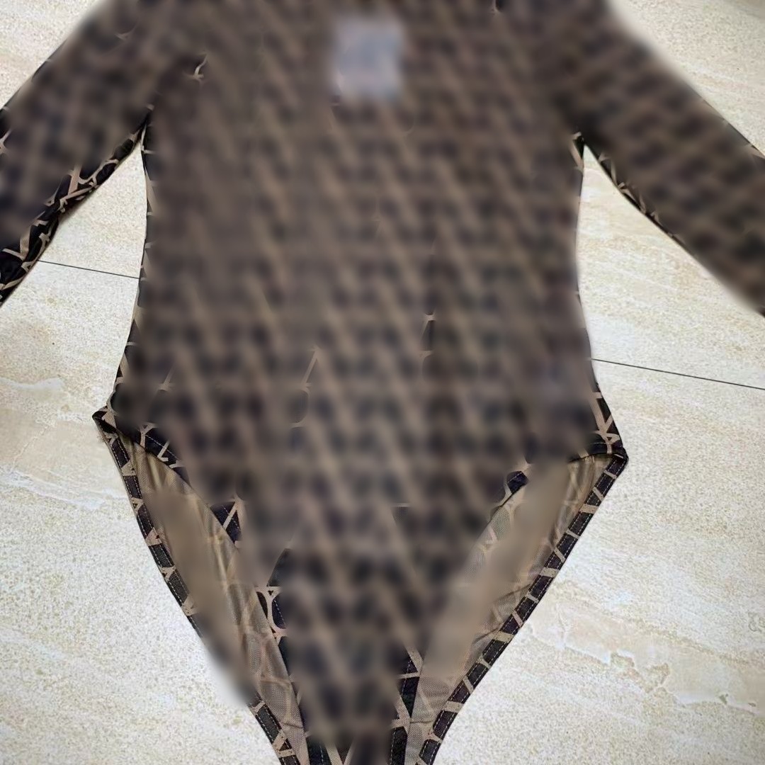 Women new designer logo letters flocking long sleeve sexy gauze perspective jumpsuit bodysuit SMLXL