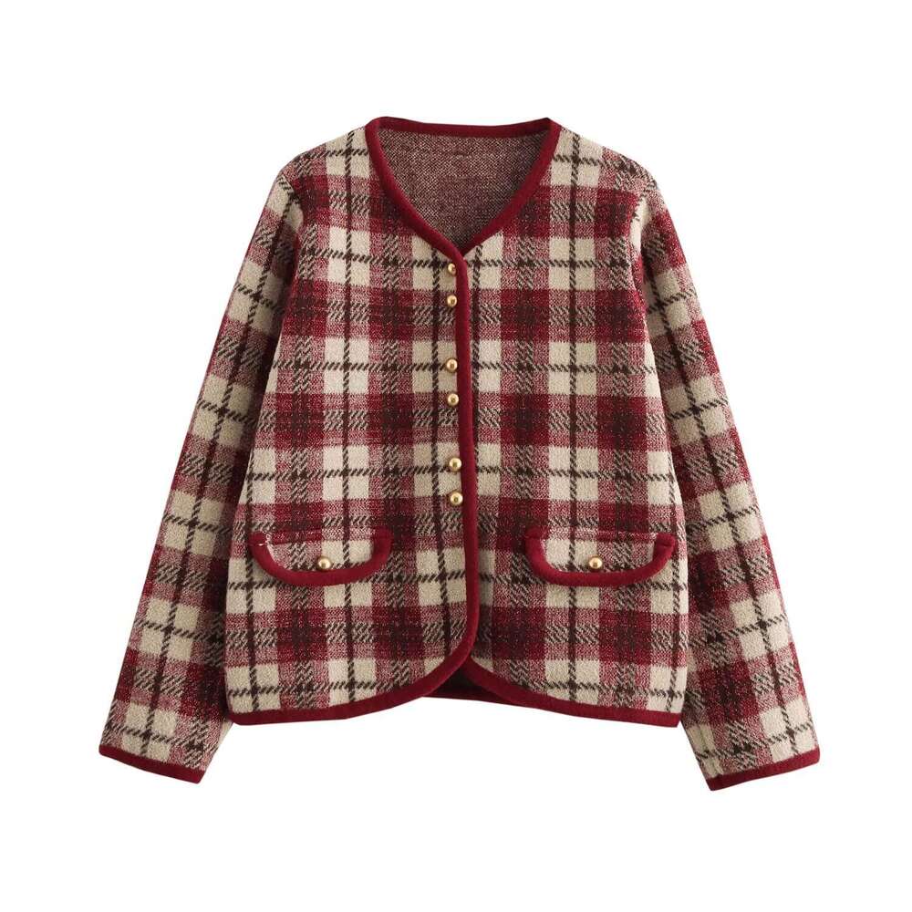 DHEssentials 2025 Autumn Winter New French Style Chanel-Inspired Gold Thread Blend Khaki Plaid Trim Round Neck Sweater Knitted Cardigan