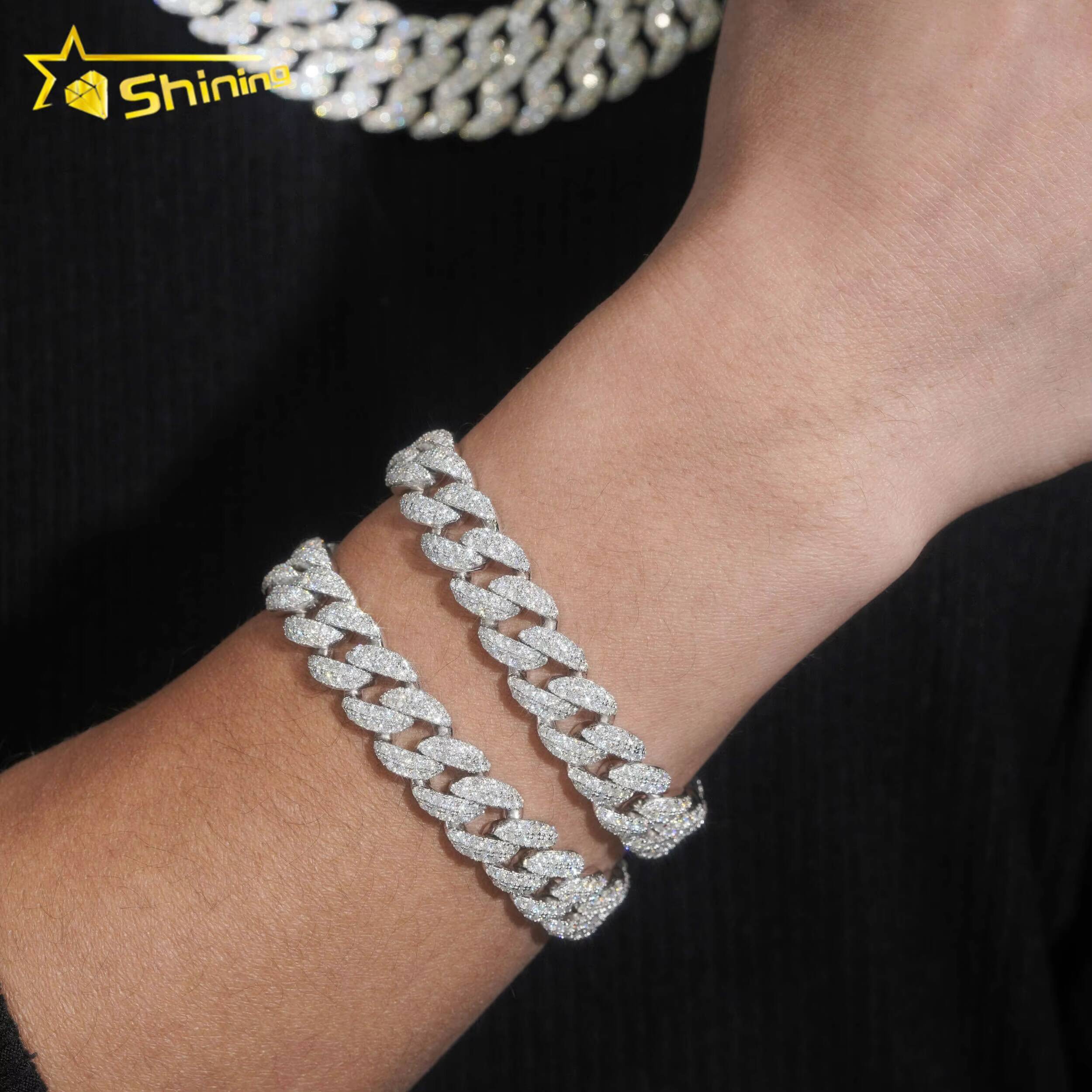 RTS 12mm Width Sterling Silver 925 Vvs Moissanite Cuban Bracelet Hip Hop Iced Out Jewelry Men Necklace Cuban Link Chain