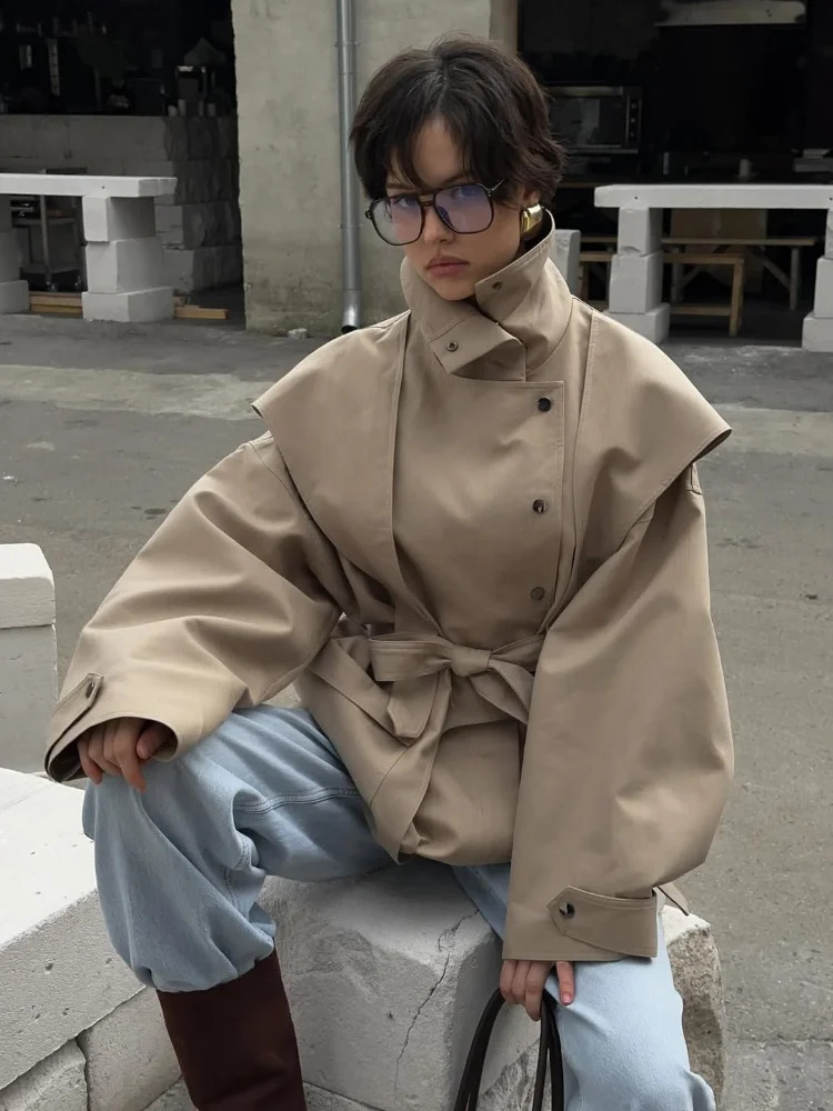 Women Casual Waist Cinching Windbreaker Solid Buttons High Neck Long Sleeve Singlebreasted Coats Lady Outwear 250911