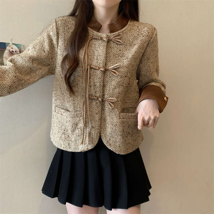 DHEssentials Lined Original Quality New Chinese Button Patchwork Chanel Style Short Jacket for Women Fashion