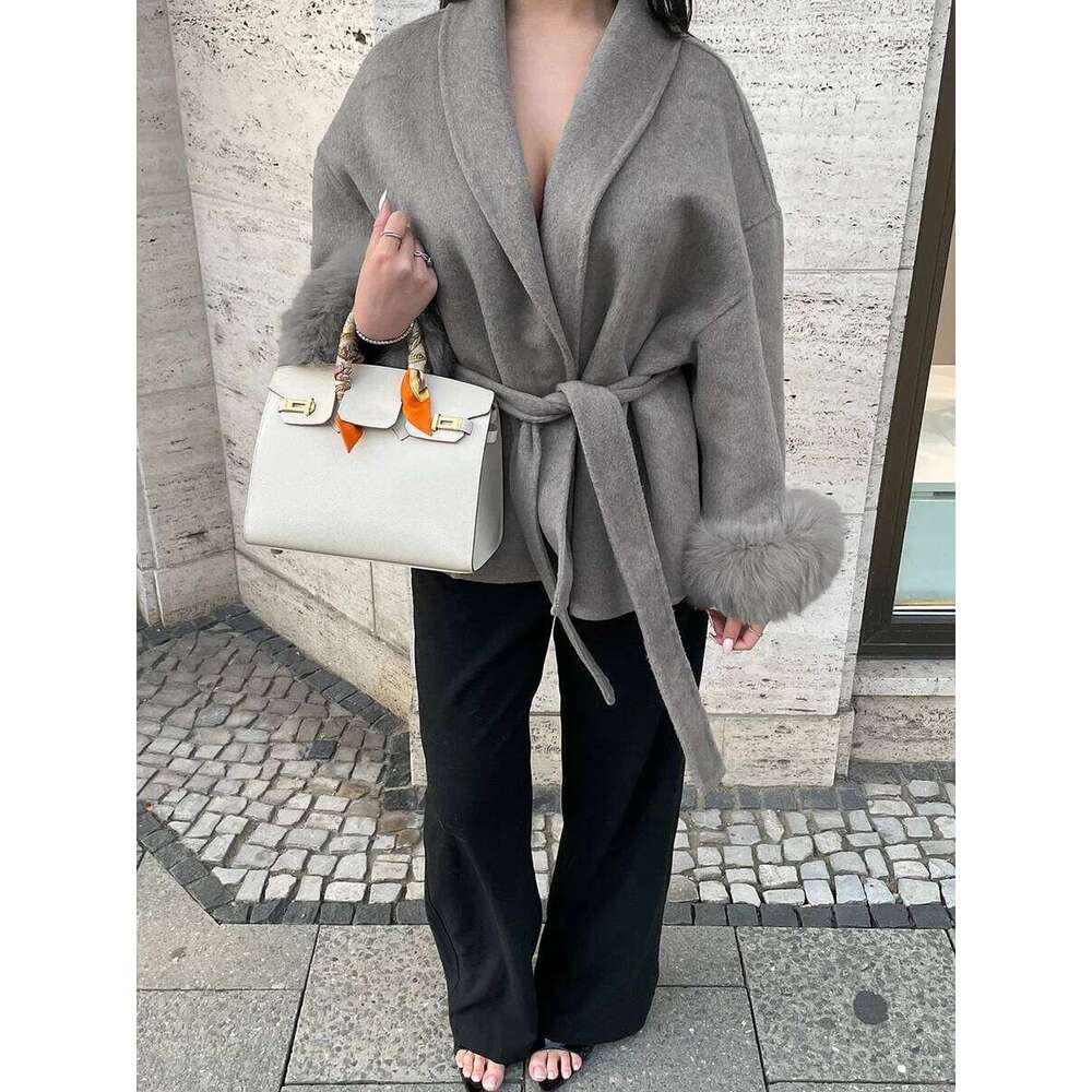 Dresses VGH Solid Spliced Lace Up Slim Coats For Women Lapel Long Sleeve Patchwork Artificial Fur Wool Coat Female Autumn Fashion Style