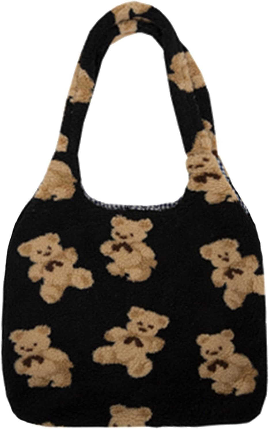 Women Canvas Tote Cute Bear Plush Shoulder Bag Furry Handbag Purse Large Faux Fur Shopping Dating Bag M250912