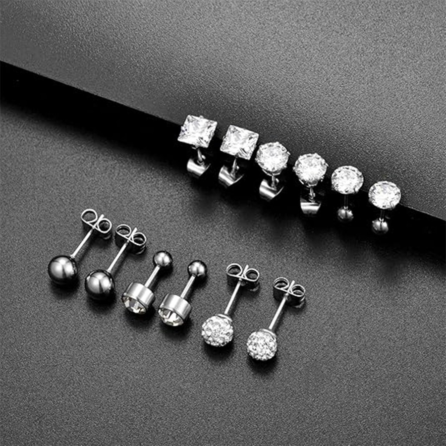 6 Pairs Stainless Steel Stud Earrings CZ Ball Earring Set For Men Women 6MM Silver Tone
