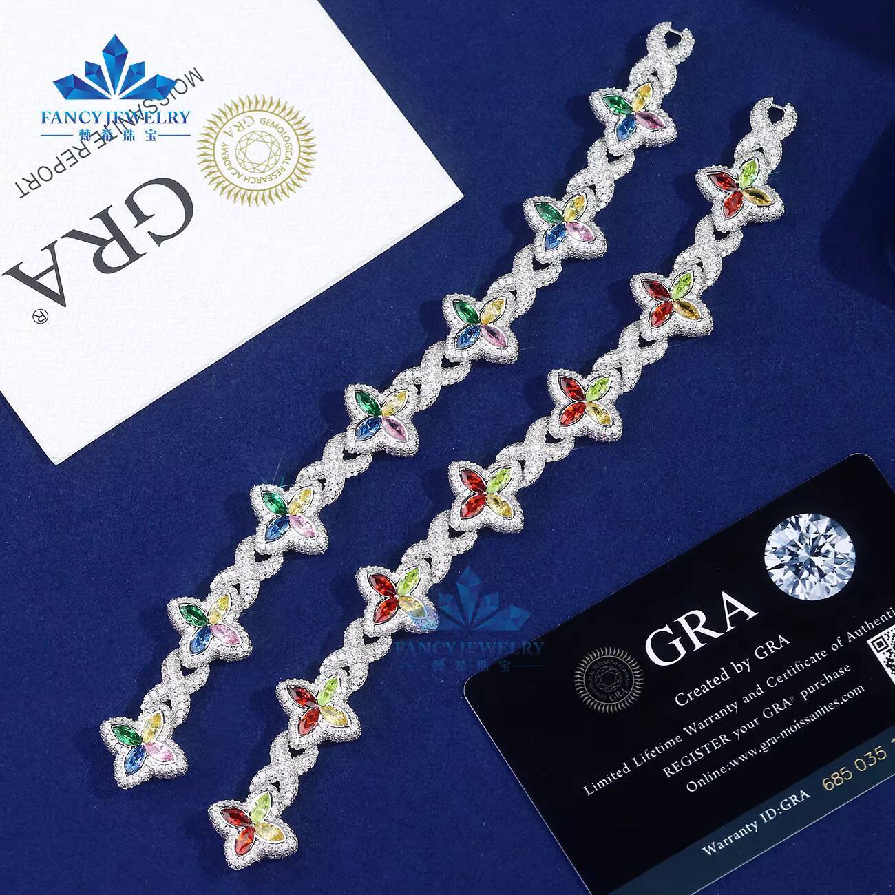 2025 Colorful Marquise Eye Moissanite Four Leaf Clover 925 Silver Cuban Chain Bracelet Gold Plated Mens Women Party Jewelry Gift