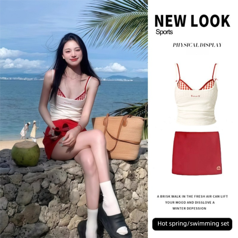 2025 New Women's Swimsuit Two-Piece Skirt Bikini Four-Piece Set Long Sleeve Cover-Up Vacation Beach Swimwear for Girls